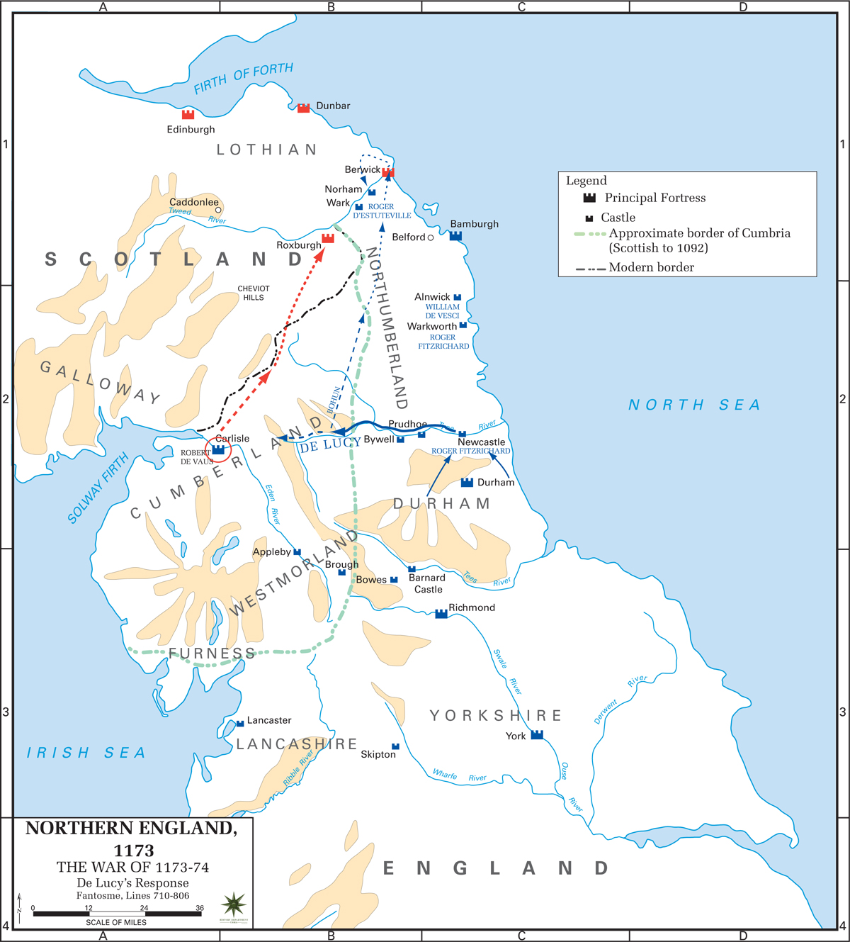 Map of Northern England - Anglo-Norman Rebellion 1173-1174 - De Lucy's Response