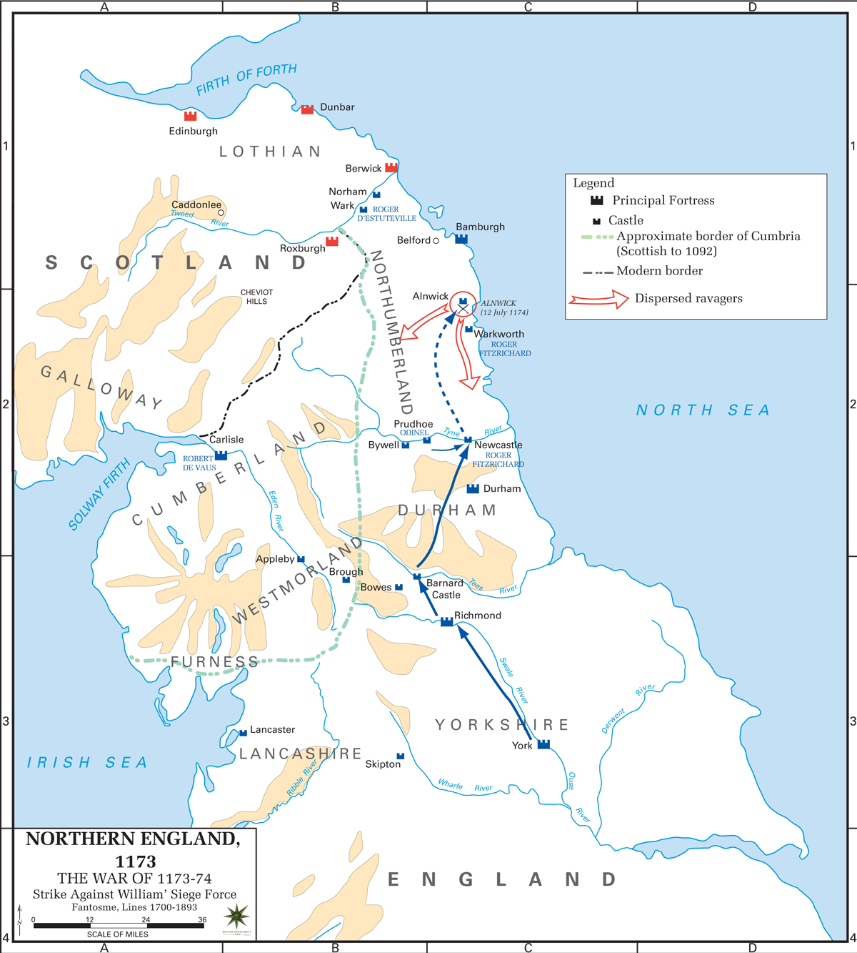 Map of Northern England - Anglo-Norman Rebellion 1173-1174 - Strike Against William