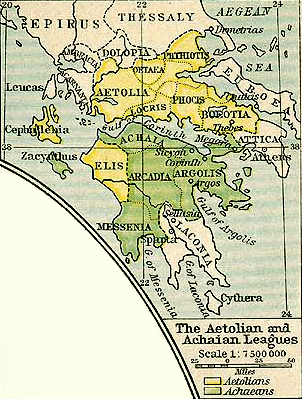 Map of the Aetolian and Achaean Leagues at the time of the Macedonian Empire 336 BC - 323 BC.