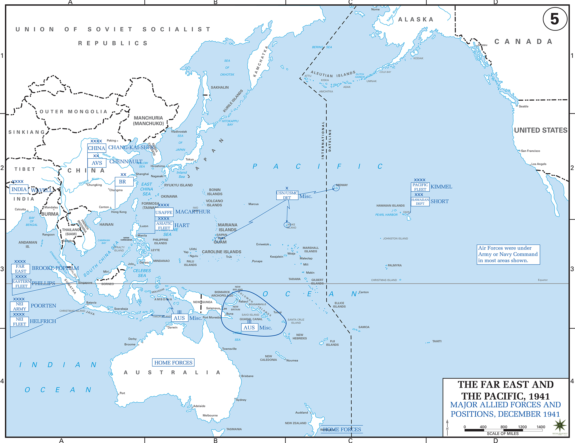 Map of World War II: The Far East and the Pacific 1941. Major Allied Forces and 