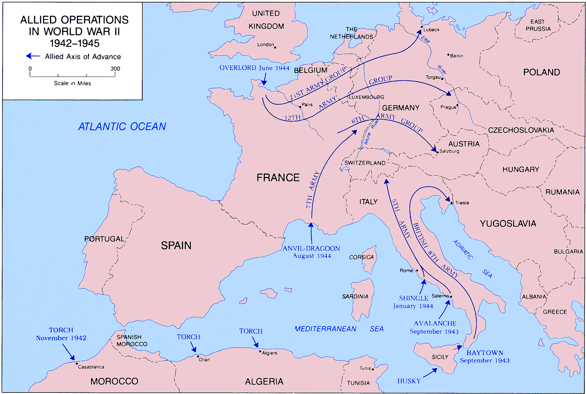 Map of World War II: Allied Operations in Europe and North Africa 1942-1945