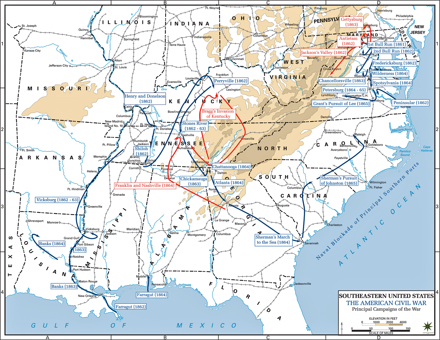 Map of the American Civil War: Principal Campaigns 1861-1865