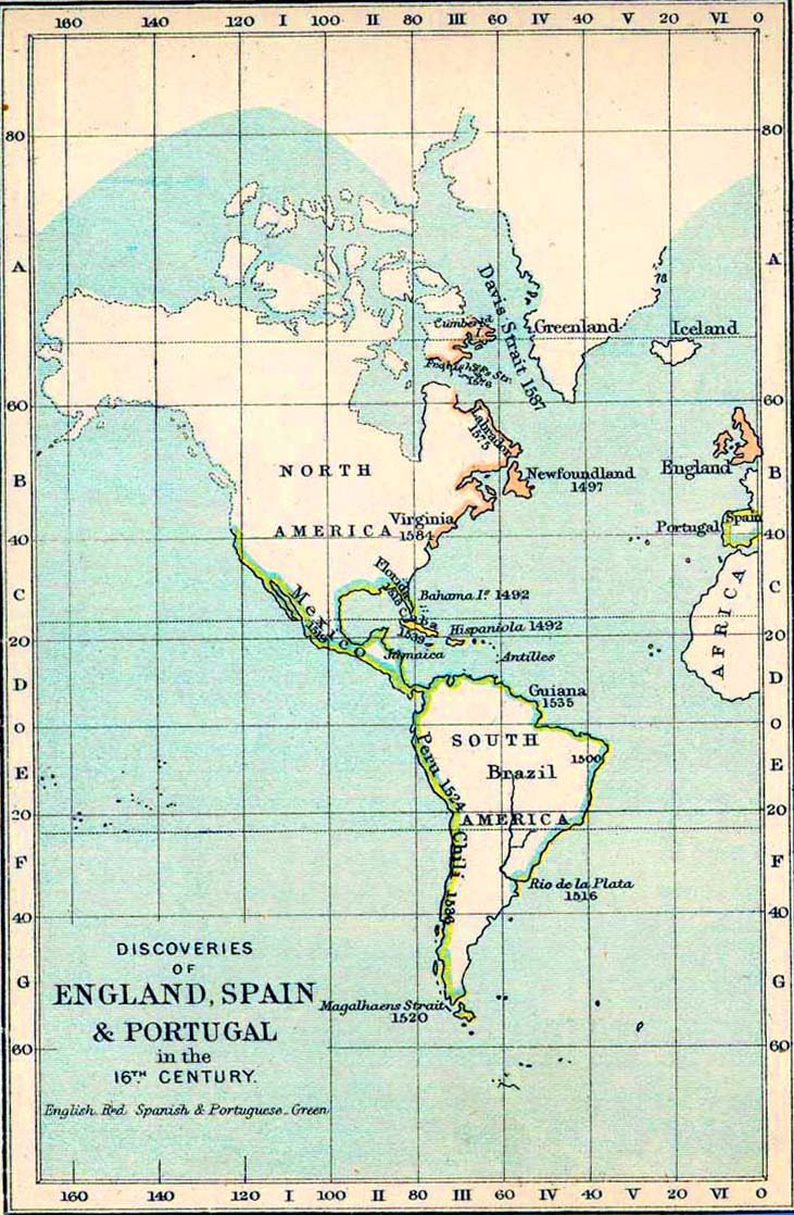 Map of the discoveries of England, Spain, and Portugal in the 16th Century.