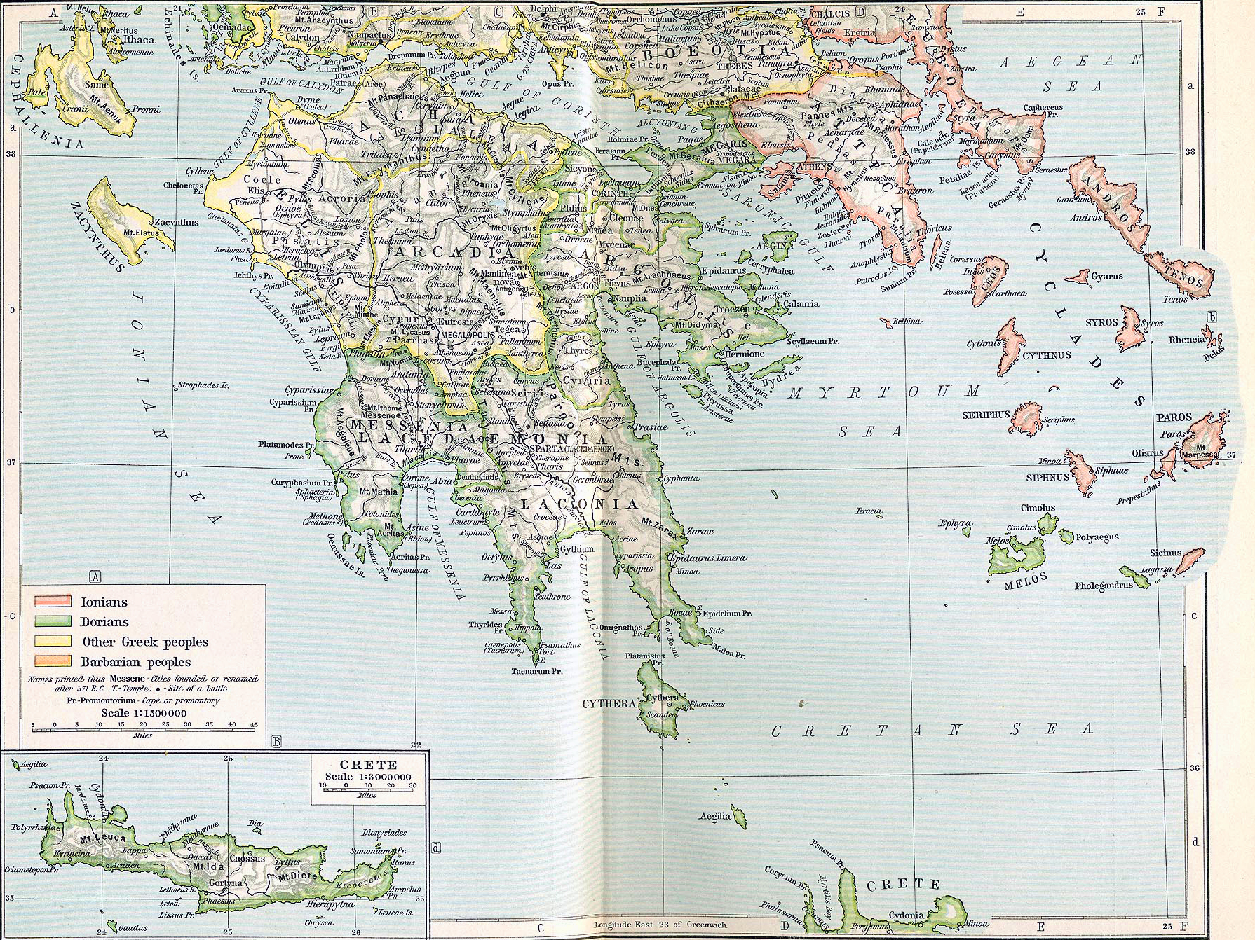 Map of Ancient Greece. Southern Part.