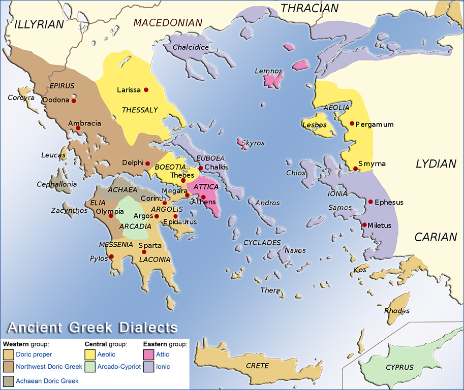 Map illustrating the distribution of the ancient Greek dialects