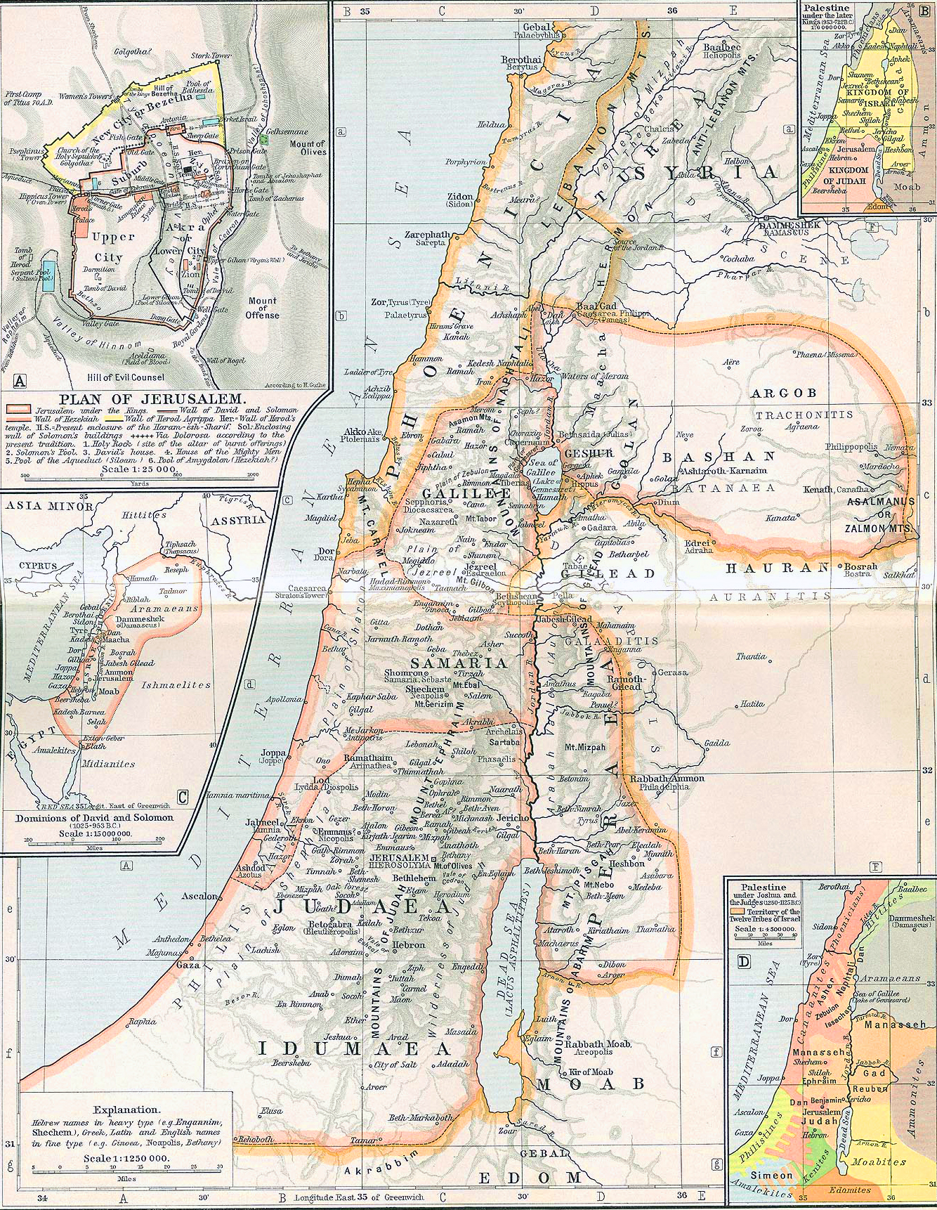 Ancient Palestine. Insets: Plan of Jerusalem. Dominions of David and Solomon (1025-953 B.C.). Palestine under the later Kings (953-722 B.C.). Palestine under Joshua and the Judges (1250-1125 B.C.)