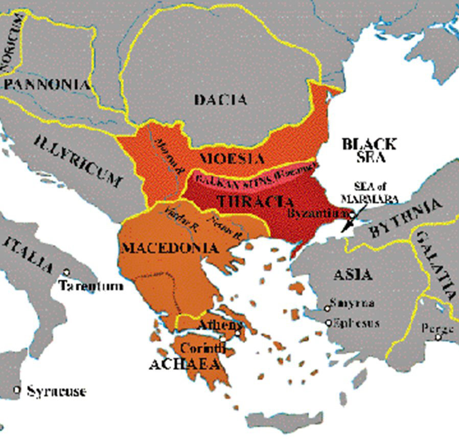 Map of Ancient Thrace - Illustrating Noricum, Pannonia, Illyricum, Dacia, Moesia, Thracia, Macedonia, Achaea, Italia, Asia, Bythnia, Galatia