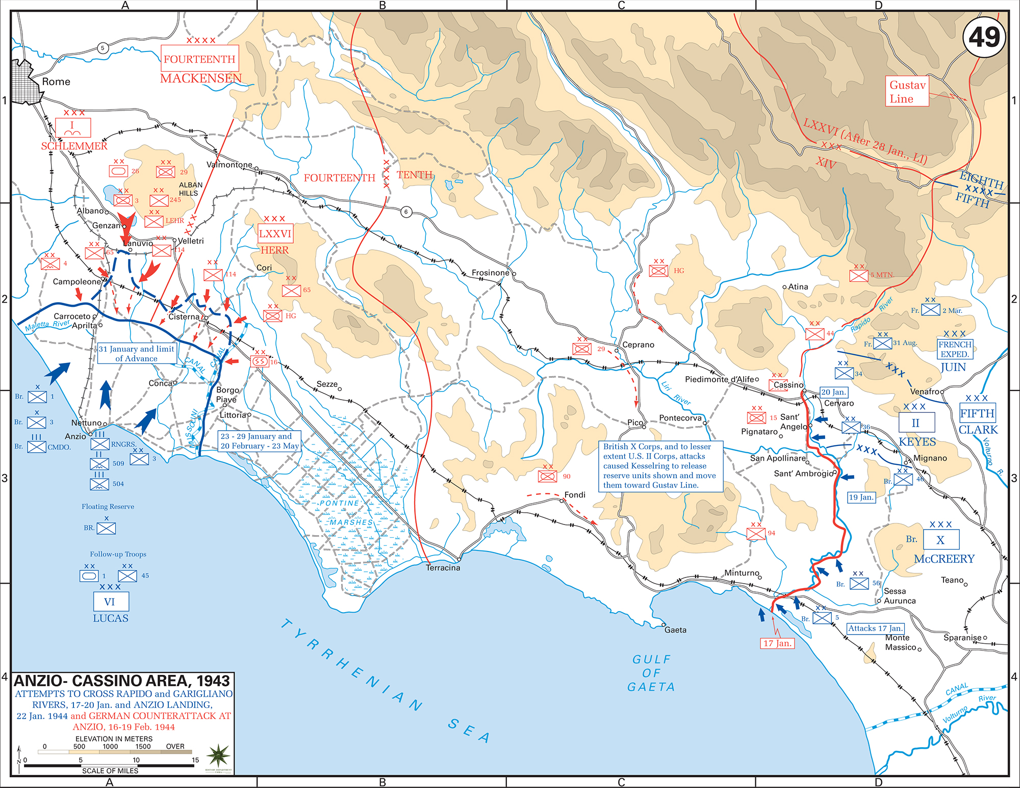 Map of WWII Italy, Anzio-Cassino Region, January 17 - February 19, 1944