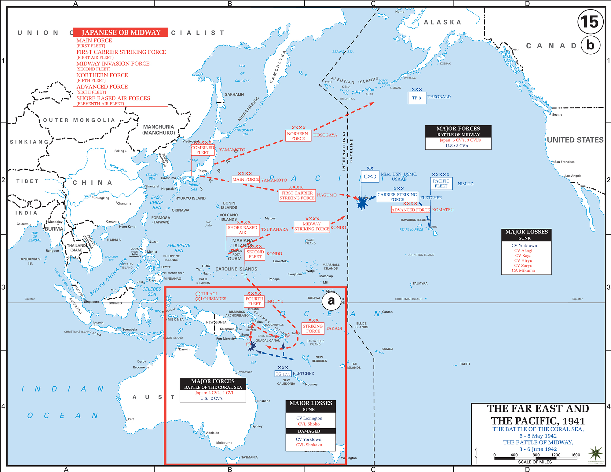 Map of World War II: The Far East and the Pacific. The Battle of the Coral Sea, May 4-8, 1942. The Battle of Midway, June 3-6, 1942.