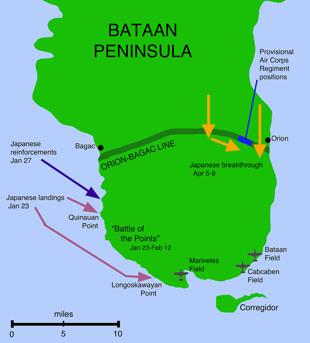 Map of WWII - Philippines, Bataan Peninsula. Illustrating: Battle of the Points January 23-February 12, 1942