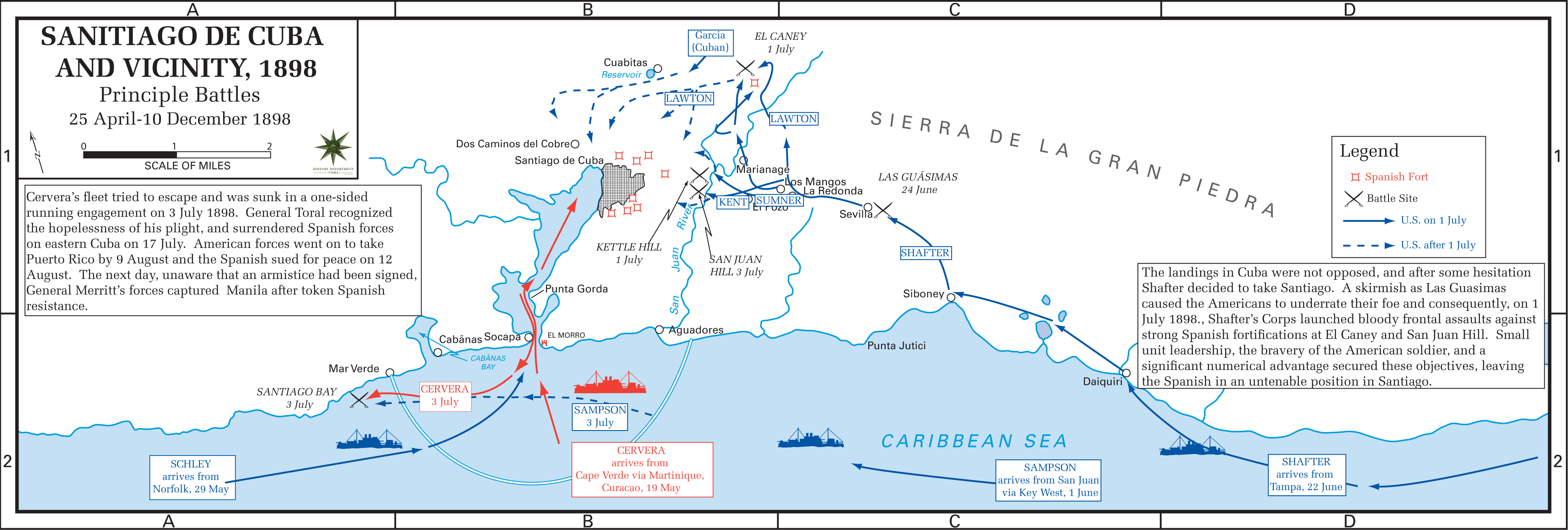 Map of the Spanish-American War 1898: Santiago de Cuba Battle