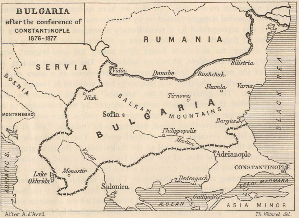 Map of Bulgaria after the conference of Constantinople 1876-1877