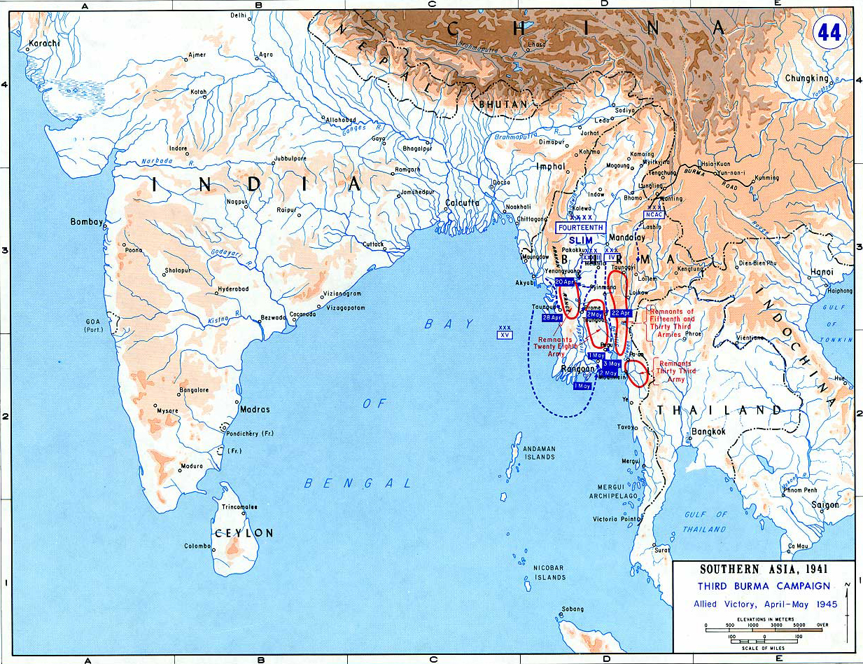 Map of World War II: Third Burma Campaign. Allied Victory, April - May 1945.