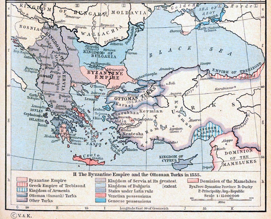 Map of the Byzantine Empire and the Ottoman Turks in 1355