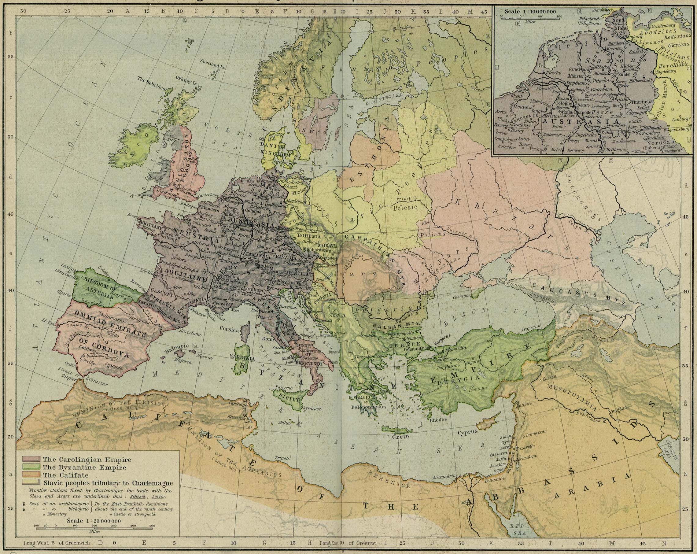 Map of the Carolingian and Byzantine Empires and the Califate about 814. Inset: Northern Austrasia 814