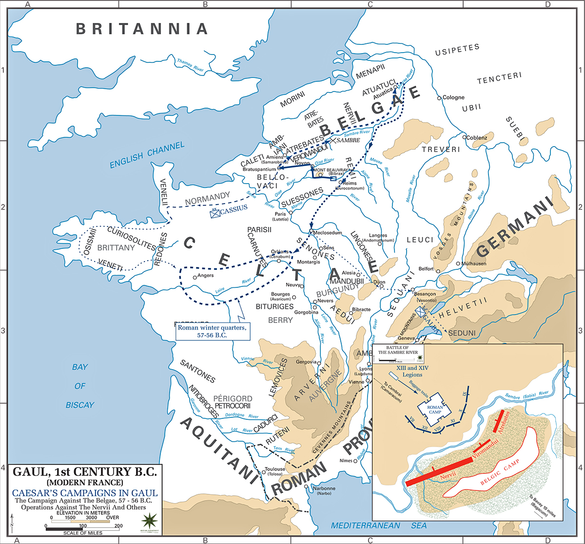 Map of Caesar's Campaign Against the Belgae 57 / 56 BC - Operations Against the Nervii and Others