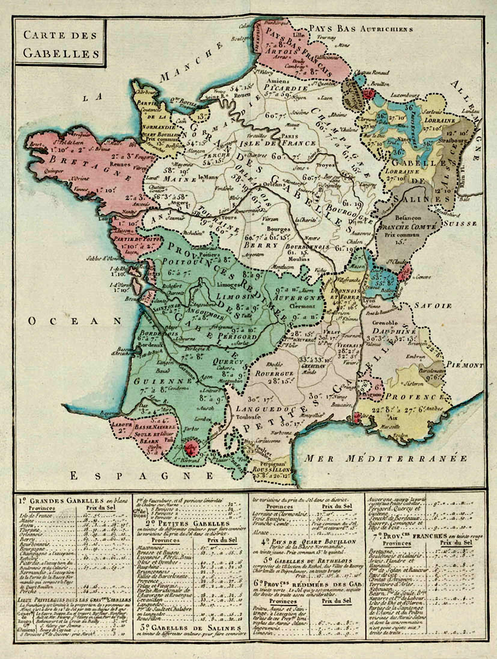 Map of the gabelle, the salt tax in France in 1781.