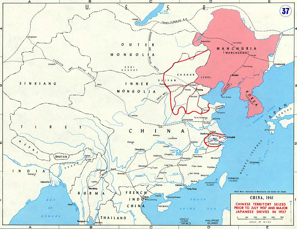 Map of China 1937. Chinese Territory Seized Prior to July 1937, Major Japanese Drives in 1937.