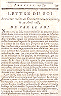 King Louis XVI: Letter January 24, 1789, re assembly of the Estates General at Versailles on April 27, 1789.