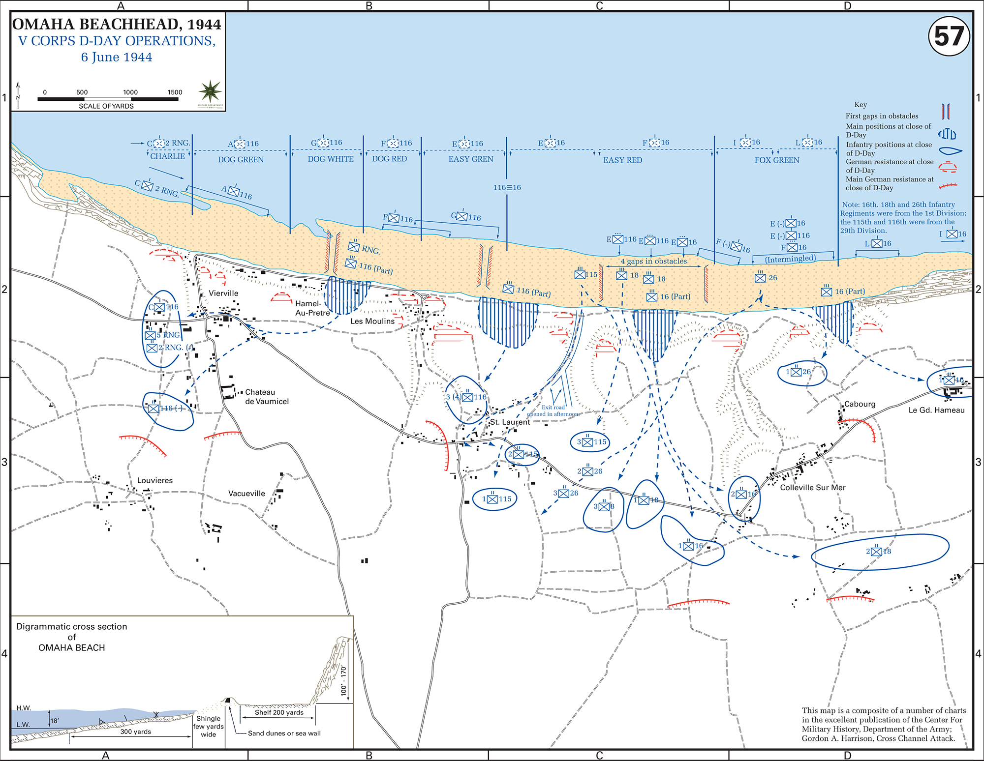 Map of WWII: OMAHA Beachhead D-Day June 6, 1944