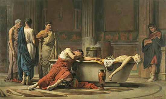 After cutting his veins, Seneca gets into the Bathtub while his sorrowful friends swear their hate - Painting by Manuel Domínguez Sánchez