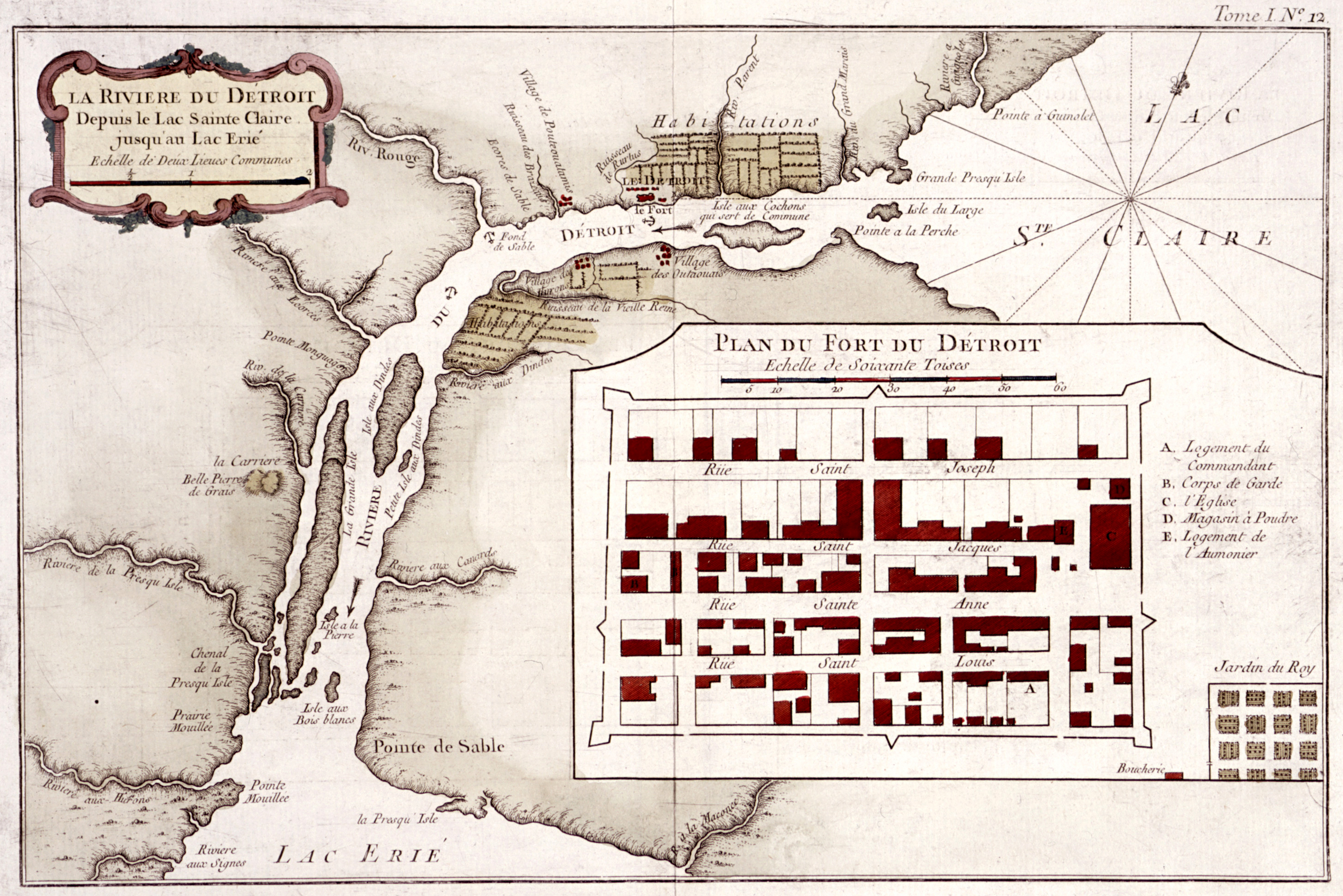 Map of the Detroit River From Lake St. Clair to Lake Erie and Fort Detroit 1759