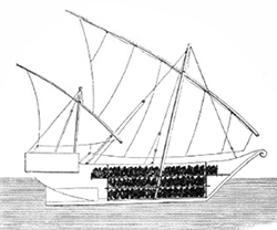 A cross-section of a dhow showing stowing of slaves on bamboo decks
