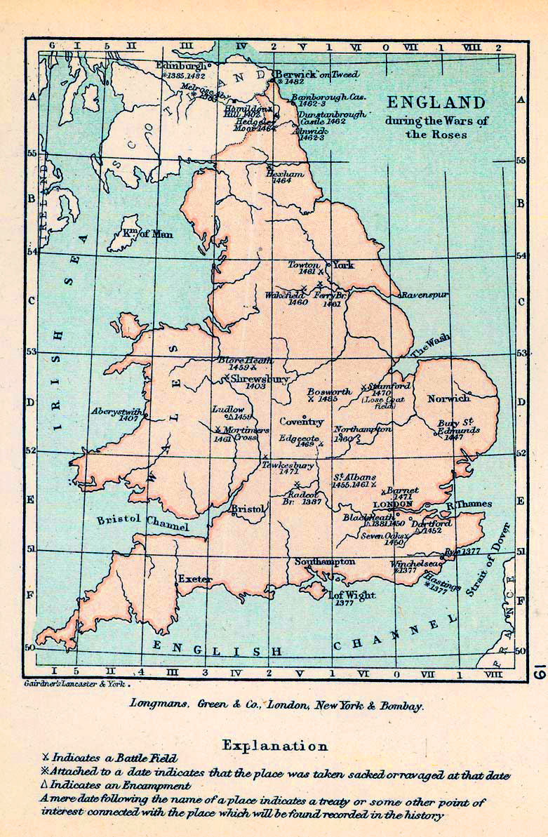 Map of England during the Wars of the Roses 1455-1485