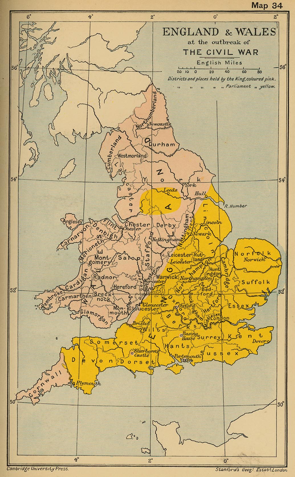 Map of England and Wales at the beginning of the Civil War 1642