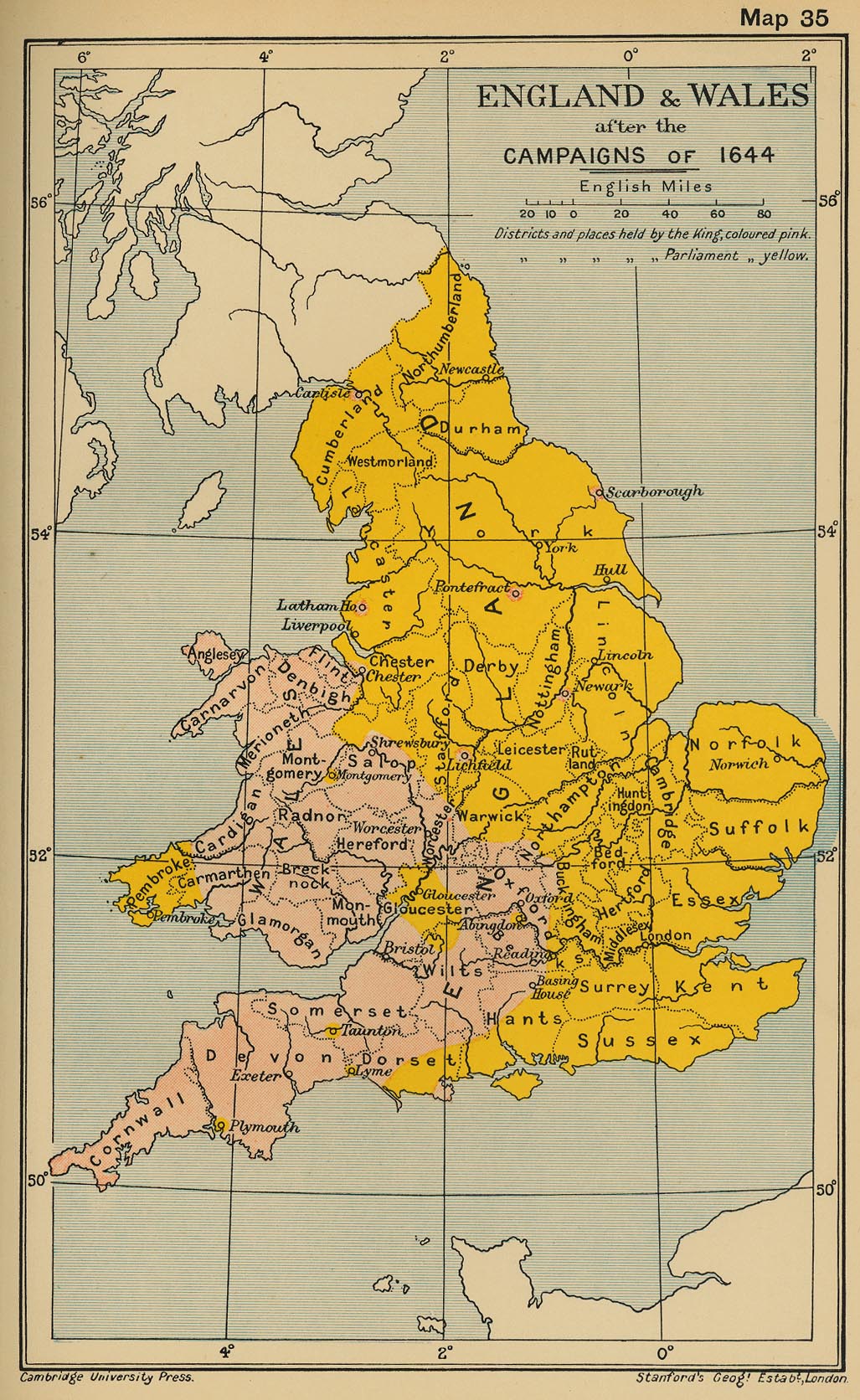 Map of England and Wales after the campaigns of 1644