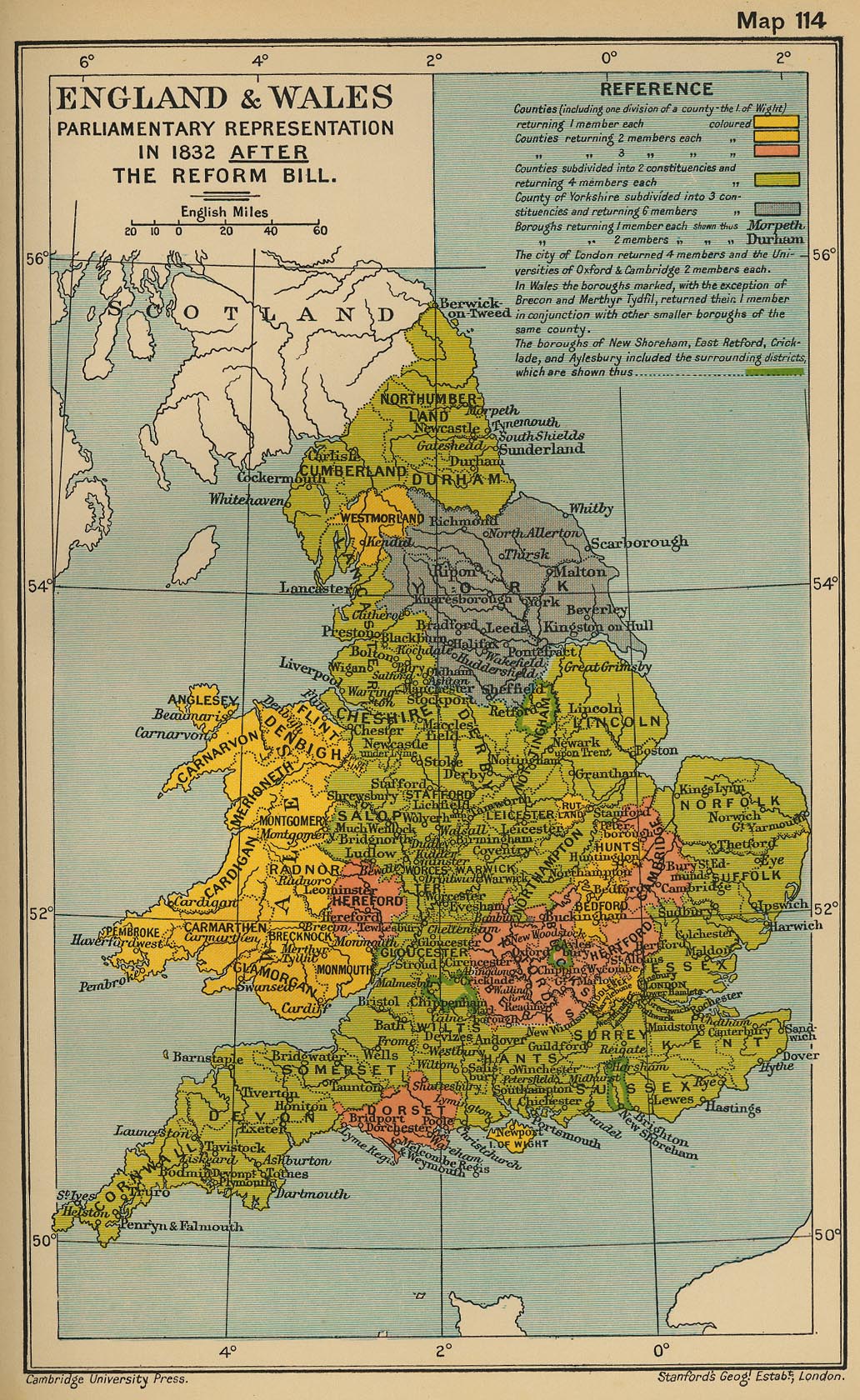 Map of England and Wales: Parliamentary Representation in 1832 after the Reform Bill