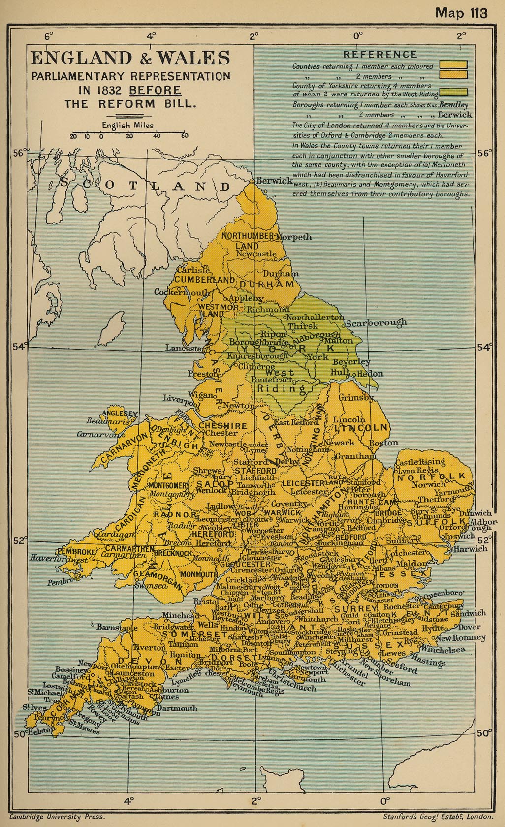 Map of England and Wales: Parliamentary Representation in 1832 Before the Reform Bill 