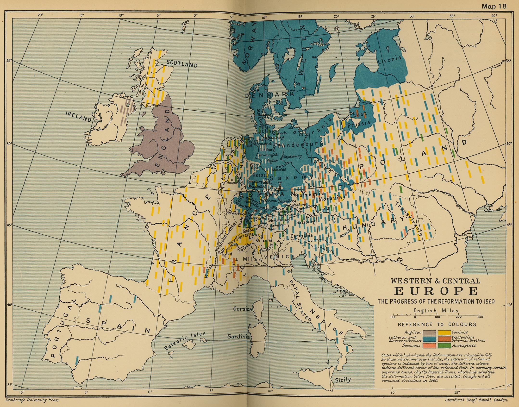 Map of Western and Central Europe - The Progress of the Reformation of 1560