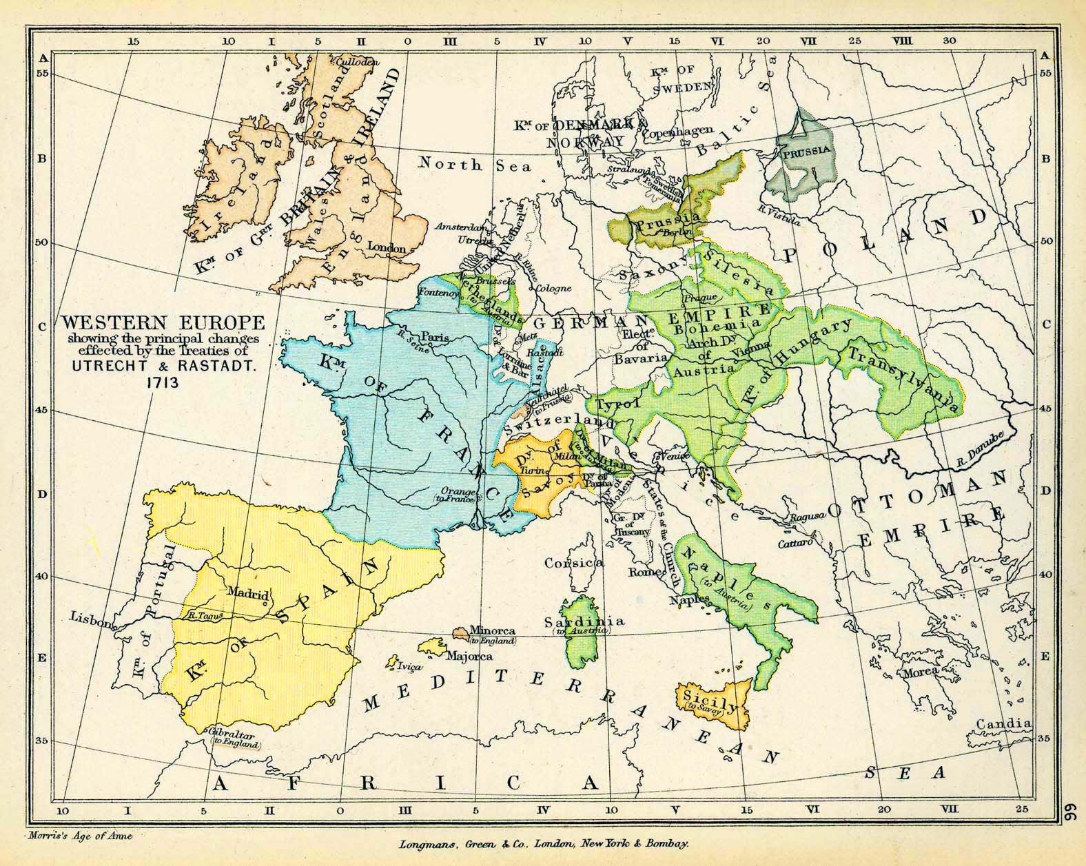 Map of Western Europe 1713: The Treaties of Utrecht and Rastatt
