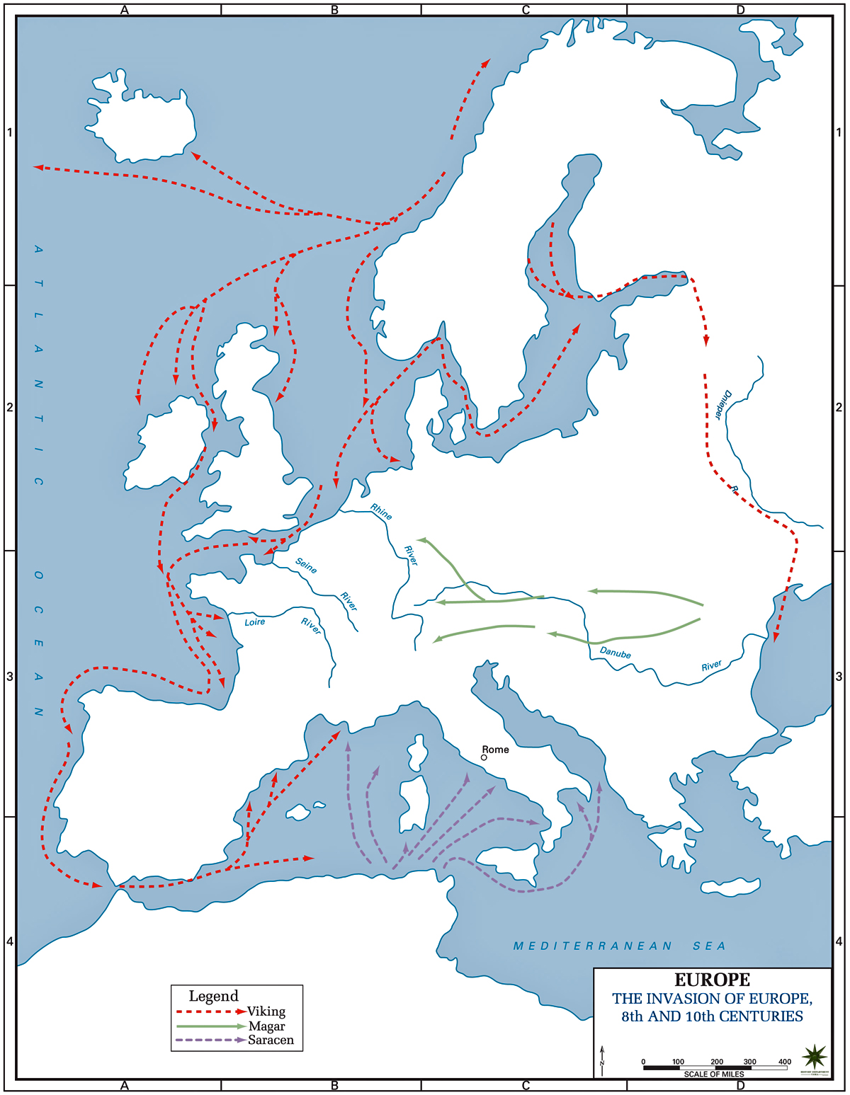 Map of the Invasions of Europe 8-10th Century