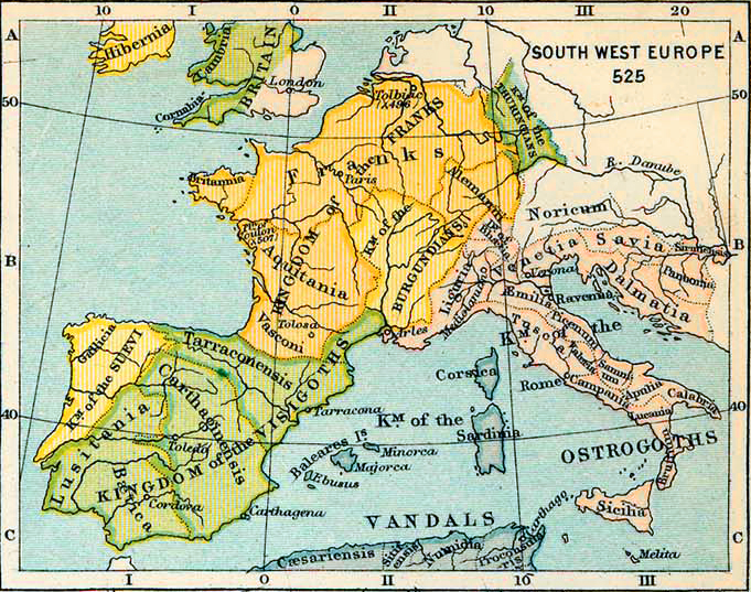 Map of South-Western Europe in 525