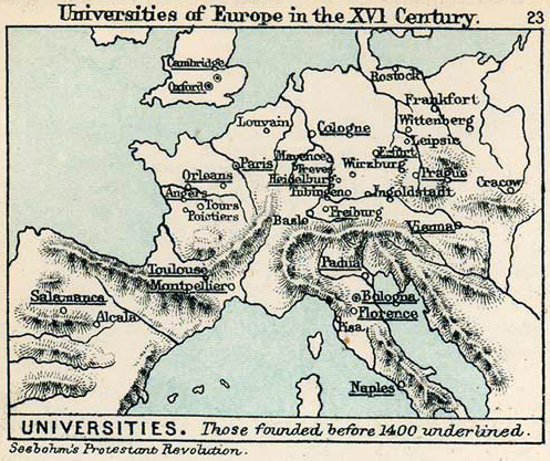 Map of Universities of Europe in the 16th Century 