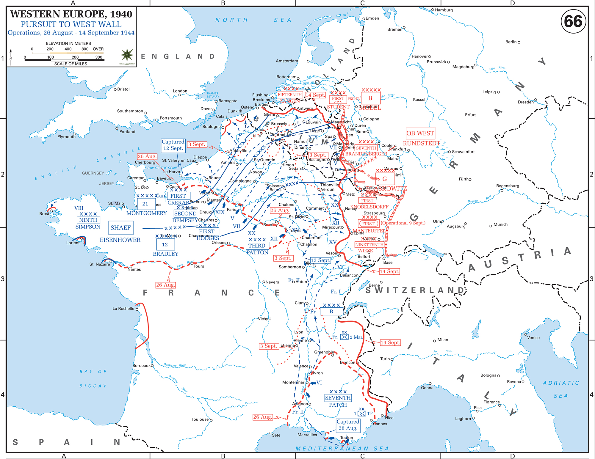 Map of WWII: Western Europe. Pursuit to the West Wall. Operations August 26 - September 14, 1944.