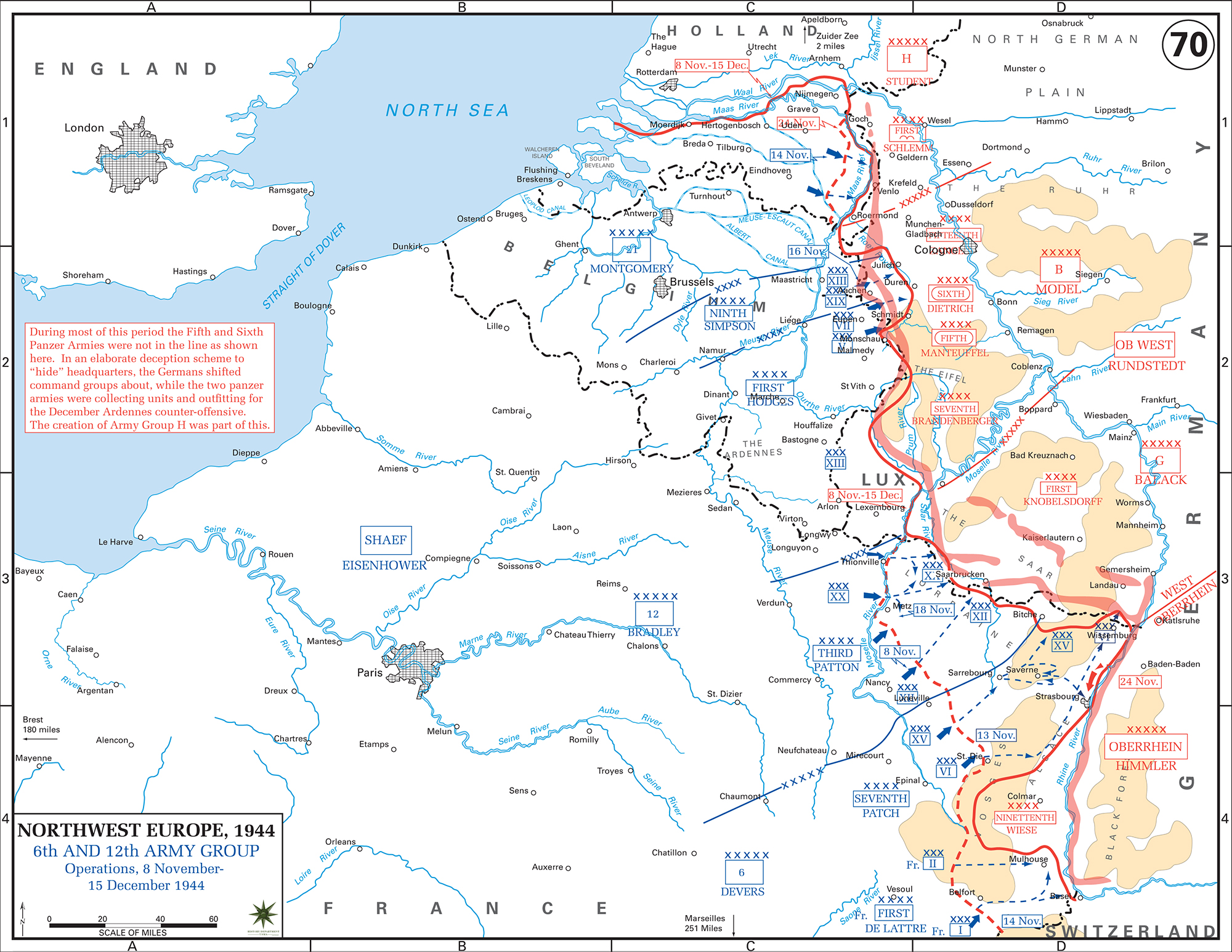 Map of World War II: Western Europe, 6th and 12th Army Group, Operations November 8 - December 15, 1944