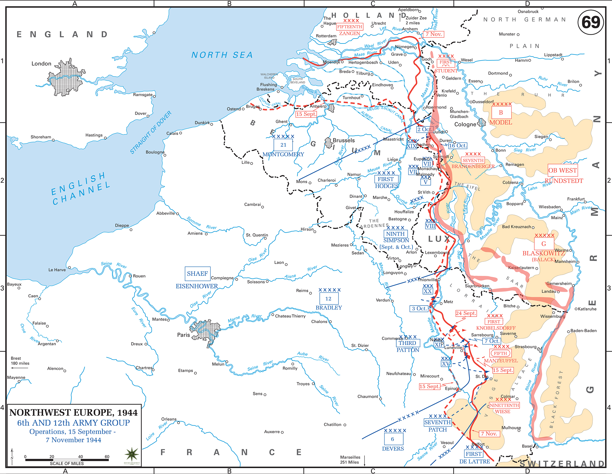 Map of World War II: Western Europe, 6th and 12th Army Group, Operations September 15 - November 7, 1944