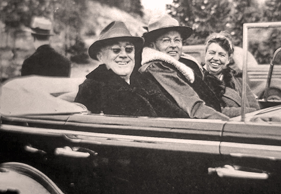 Photo of Franklin D. Roosevelt, Superintendent Rogers, and Eleanor Roosevelt at Yellowstone National Park - 1937. Credit: U.S. National Park Service, Photographer unknown.