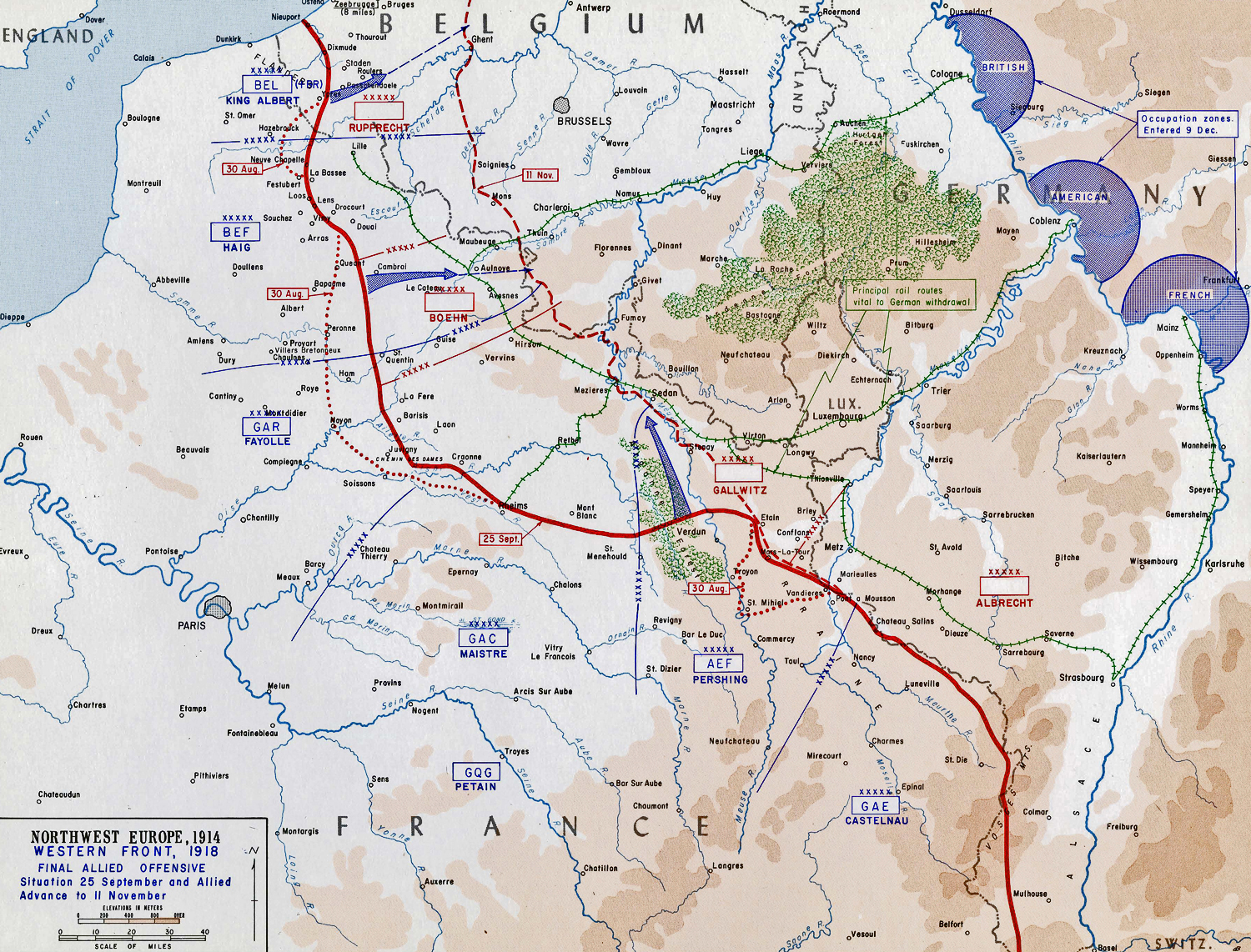 Map of WWI: Western Front - Sept 25-Nov 11, 1918 - Final Allied Offensive