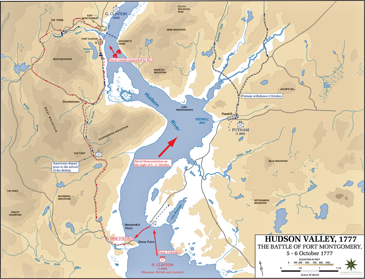 Map of the battles of Fort Montgomery and Fort Clinton: Prelude - October 5 and 6, 1777