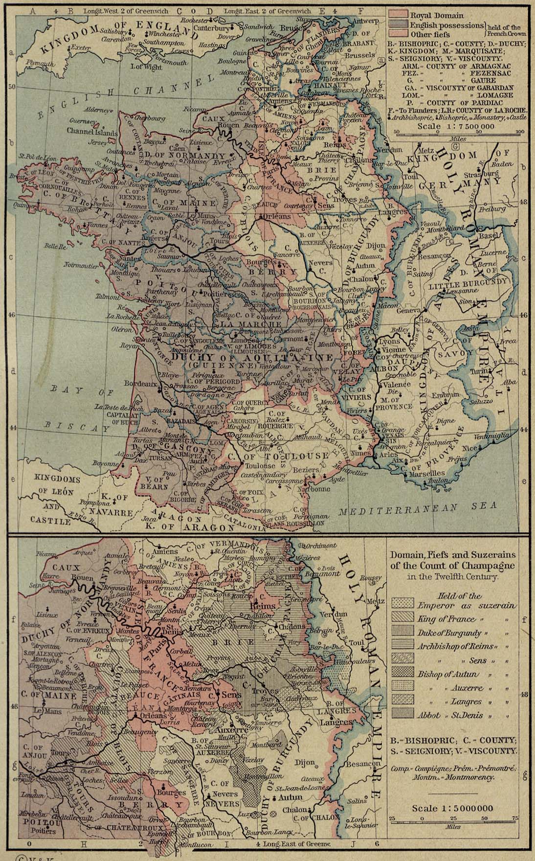 Map of France 1154-1184. Inset: Domain, Fiefs and Suzerains of the Count of Champagne in the Twelfth Century.