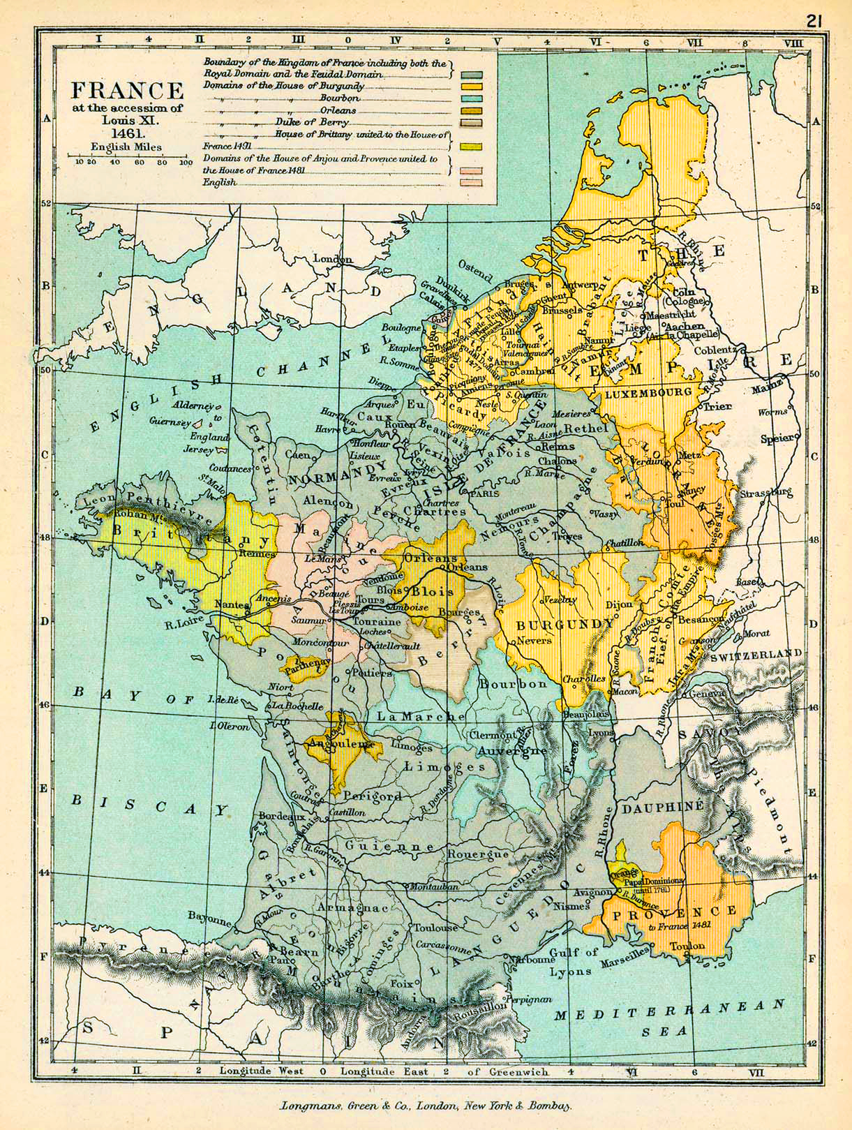 Map of France at the accession of Louis XI, 1461