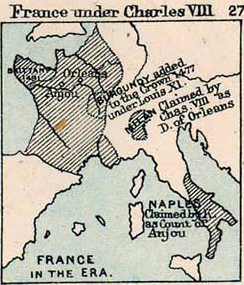 Map of France under Charles VIII, who ruled 1483-1498