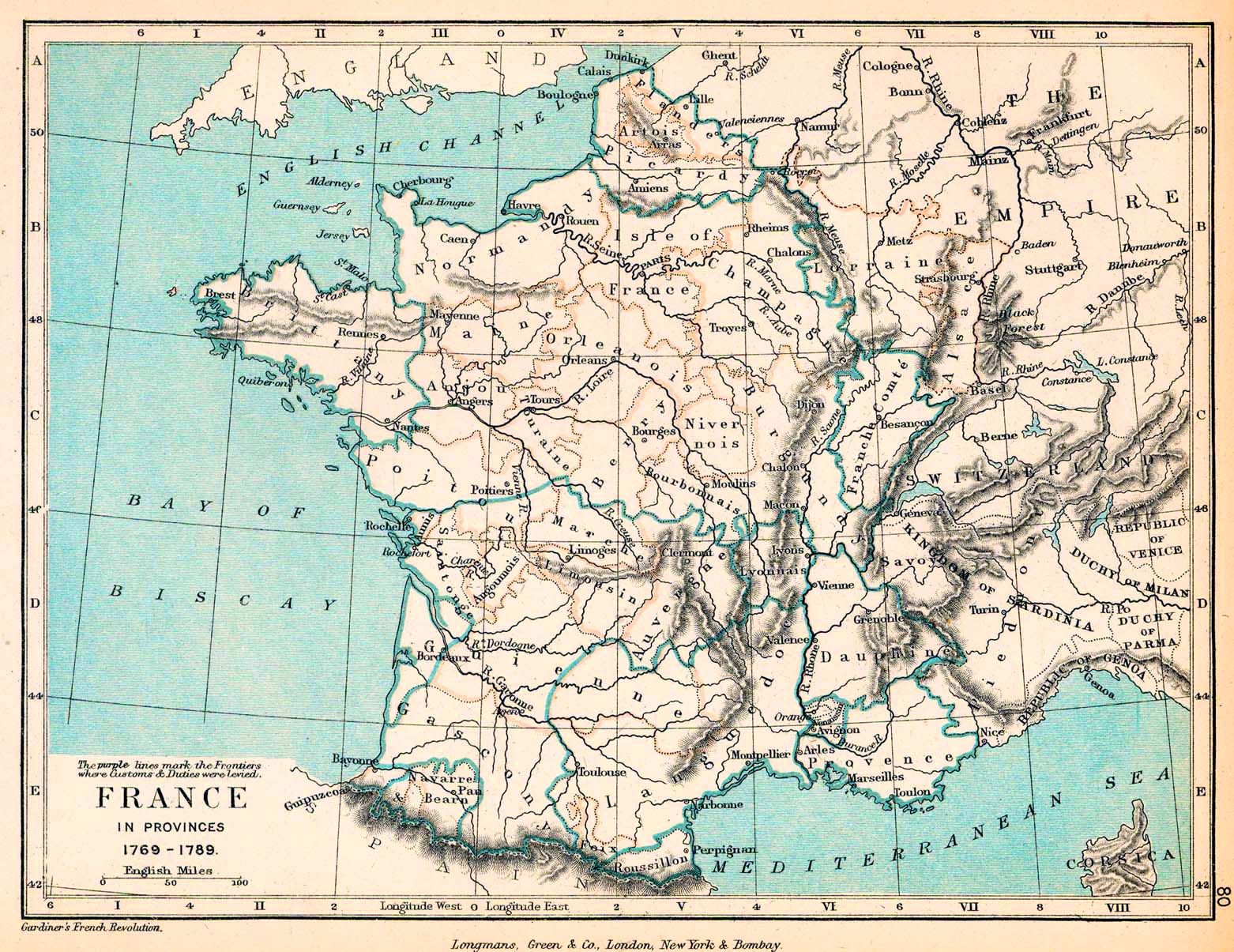 Map of France in Provinces, showing the Customs Frontiers, 1769 - 1789