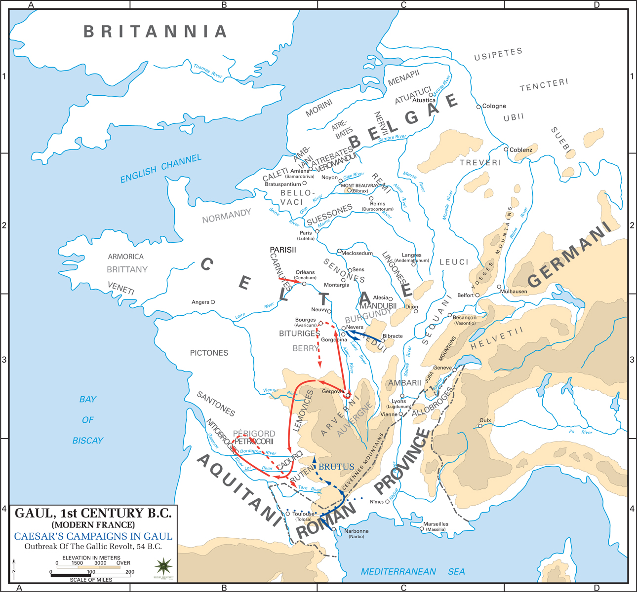 Map of Gaul - 1st Century BC: Outbreak of the Gallic Revolt