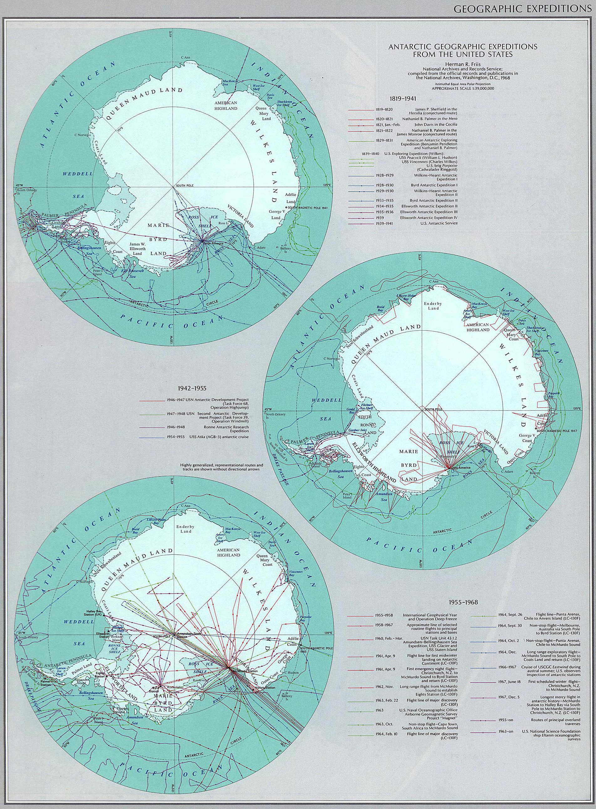 Map of Antarctic Geographic Expeditions From the United States