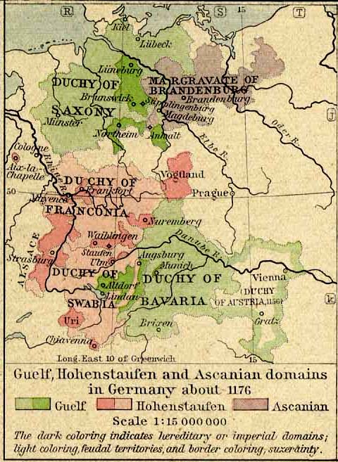 Map of the Guelf, Hohenstaufen and Ascanian Domains in Germany about 1176. 